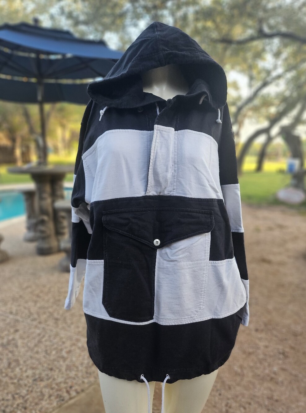 Pacific Cove Black and White Striped Cotton Hooded Rugby Nautical Style Pullover